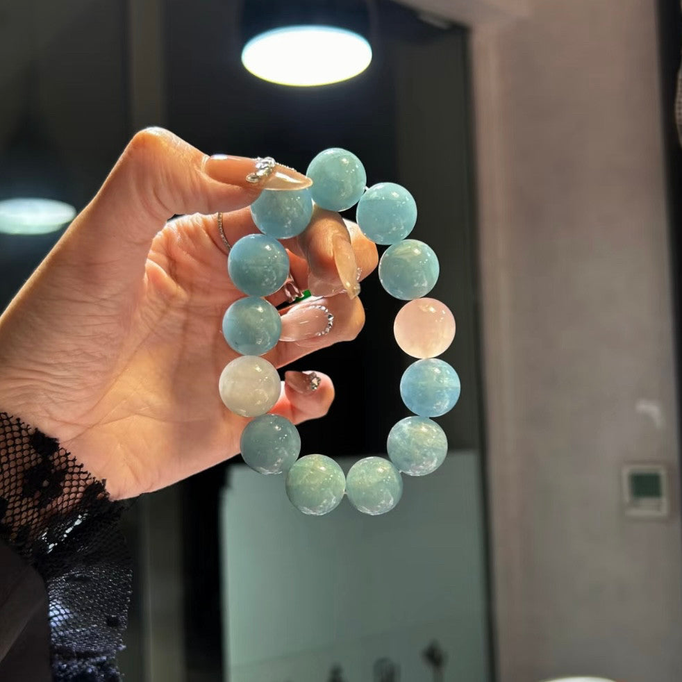 Natural Large Bead Aquamarine Single Strand Bracelet for Women, Original Design with White Azeztulite, Rose Quartz & Amazonite