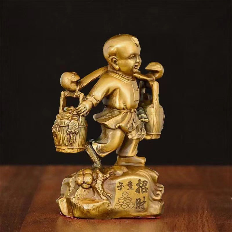 Pure Copper Wealth Bringing Boy Statue, Feng Shui Lucky God of Fortune Figurine, Craft Ornament for Home, Office Desktop & Shop Decor