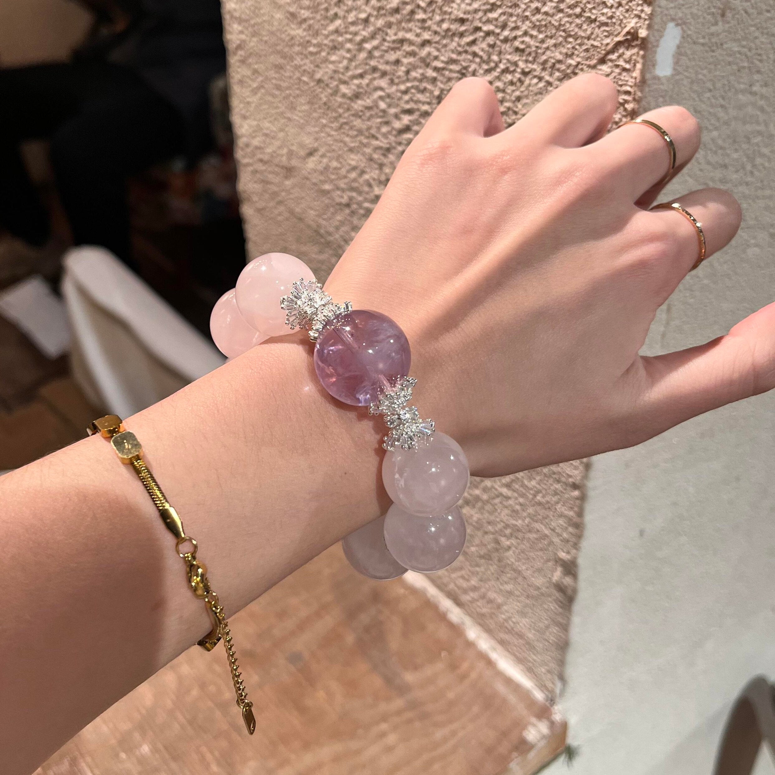 Natural Old Mine Rose Quartz & Amethyst Bracelet for Women, Original Design Large Bead Whitening Crystal Jewelry