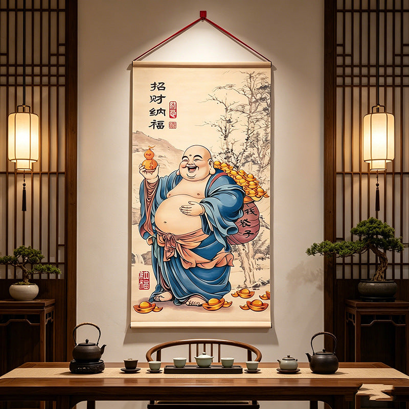 Chinese Style Maitreya Buddha Painting, New Chinese Wall Art, Blessing Wall Hanging for Entryway, Tea Room & Dining Room Decor