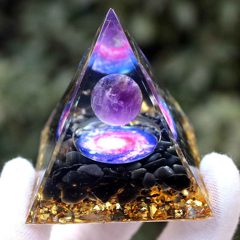 Resin Ornament with Amethyst Sphere & Crystal Chips Pyramid, Handmade Craft for Home Office Desktop Decor