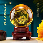 Yellow Crystal Ball with Carved Dragon, Glass Liuli Fortune Sphere, Decorative Ornament for Living Room, Lucky Gift for Housewarming & Good Luck