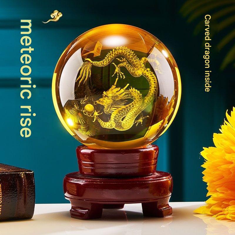 Yellow Crystal Ball with Carved Dragon, Glass Liuli Fortune Sphere, Decorative Ornament for Living Room, Lucky Gift for Housewarming & Good Luck