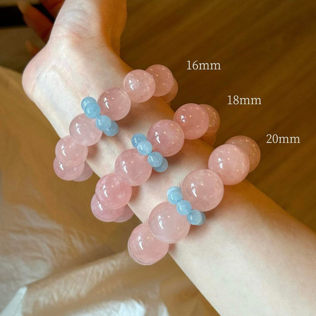 Natural Mozambique Rose Quartz Large Bead Bracelet for Women, Original Design Chinese Style Grapefruit Pink & Aquamarine Beaded Bracelet