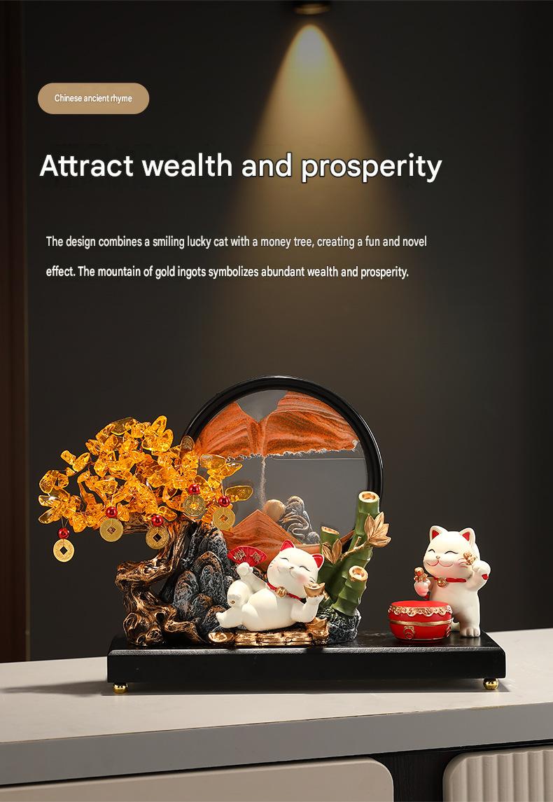 Crystal Money Tree with Quicksand Painting Lucky Cat Figurine, Feng Shui Wealth Ornament for Living Room, Hallway, Front Desk, Office & Shop, Ideal Housewarming & Grand Opening Gift
