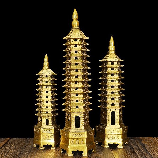 9/13 Layers Brass Wenchang Tower Statue, Feng Shui Pagoda Ornament, Study Desktop Decoration, Career & Academic Luck Home Office Decor