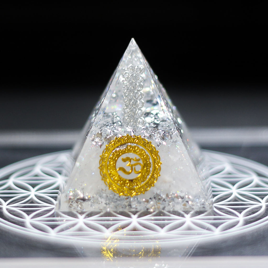 Handmade Resin Pyramid with Clear Quartz Sphere & Crystal Chips, Tabletop Home Decor Ornament