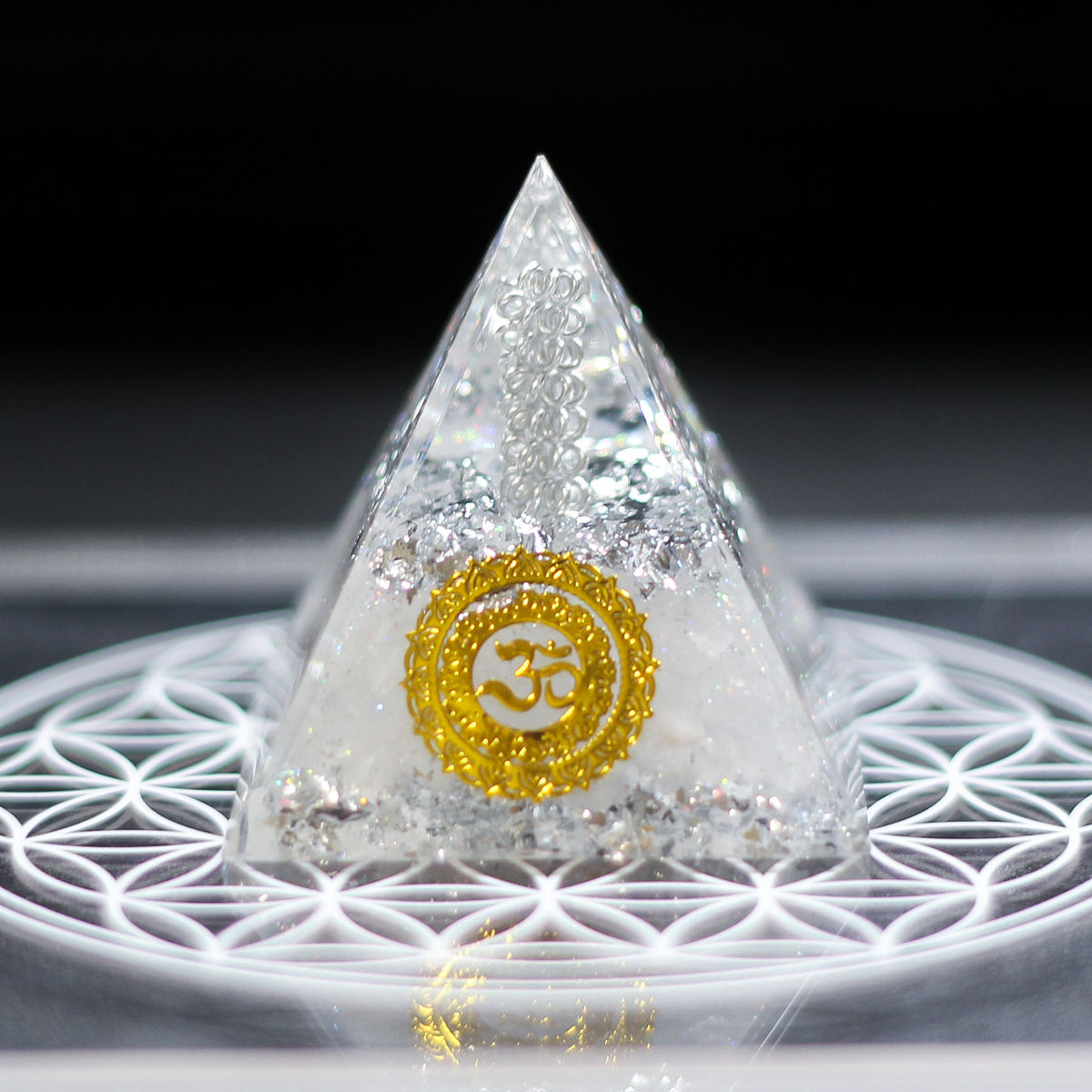 Handmade Resin Pyramid with Clear Quartz Sphere & Crystal Chips, Tabletop Home Decor Ornament