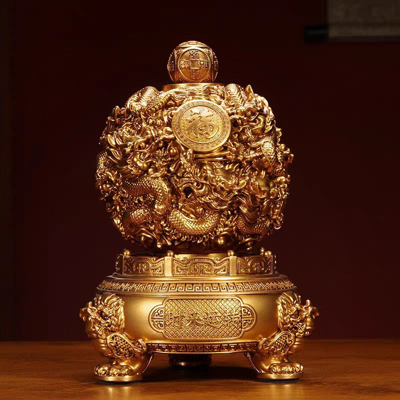 Nine Turns Qiankun Ding Brass Ornament, Dragon Mascot Statue for Living Room & Office, Prosperity Decor for Store Opening Housewarming Gift