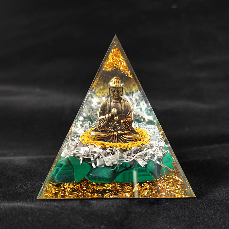Handmade Buddha Statue Resin Pyramid, Natural Crystal Chips Epoxy Ornament, Home Desktop Spiritual Decor Gift