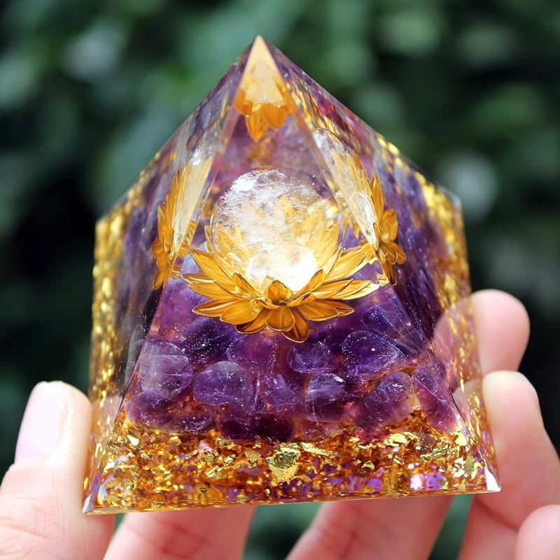 Amethyst Resin Pyramid, Handmade Craft Ornament for Home & Office Desktop Decor