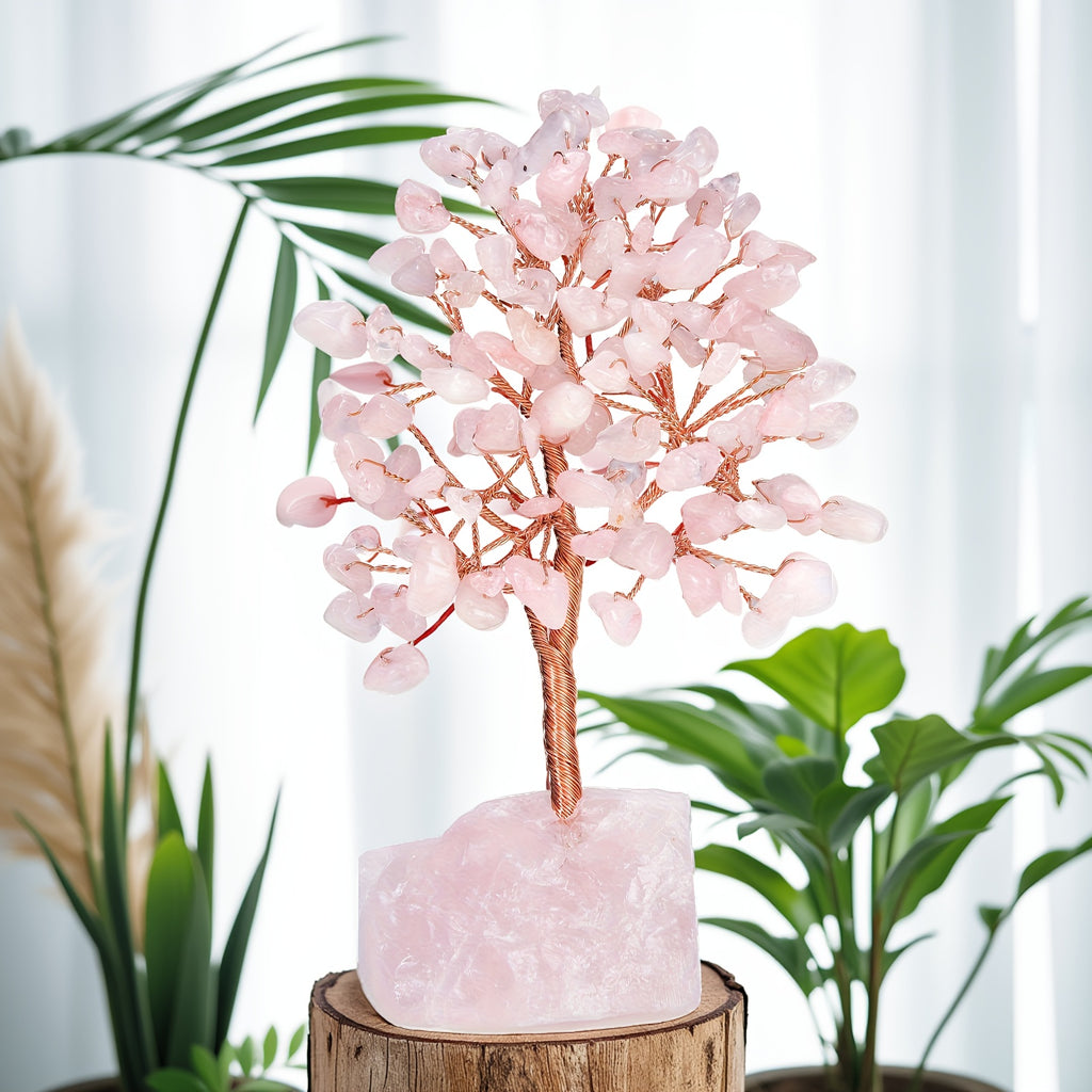Rose Quartz Crystal Tree of Life - Chakra Tree, Feng Shui Decor - Handmade Gemstone Christmas Tree, Good Luck Money Tree Bonsai, Home Desktop Decoration Simulation Tree, Pink Crystal, Spiritual Gift