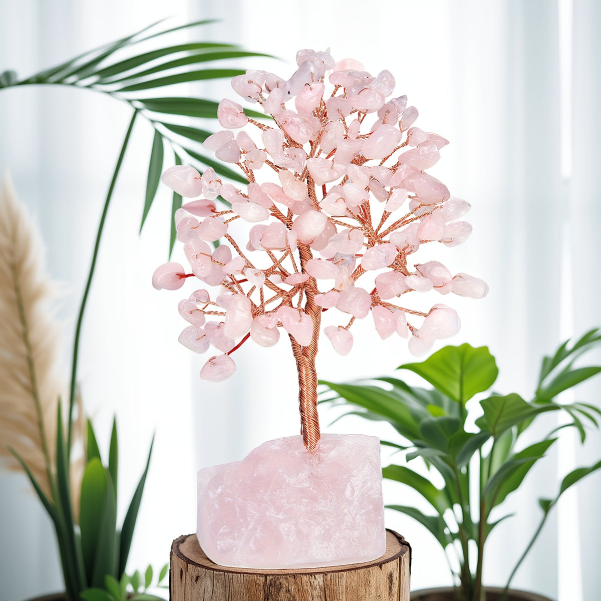Rose Quartz Crystal Tree of Life - Chakra Tree, Feng Shui Decor - Handmade Gemstone Christmas Tree, Good Luck Money Tree Bonsai, Home Desktop Decoration Simulation Tree, Pink Crystal, Spiritual Gift