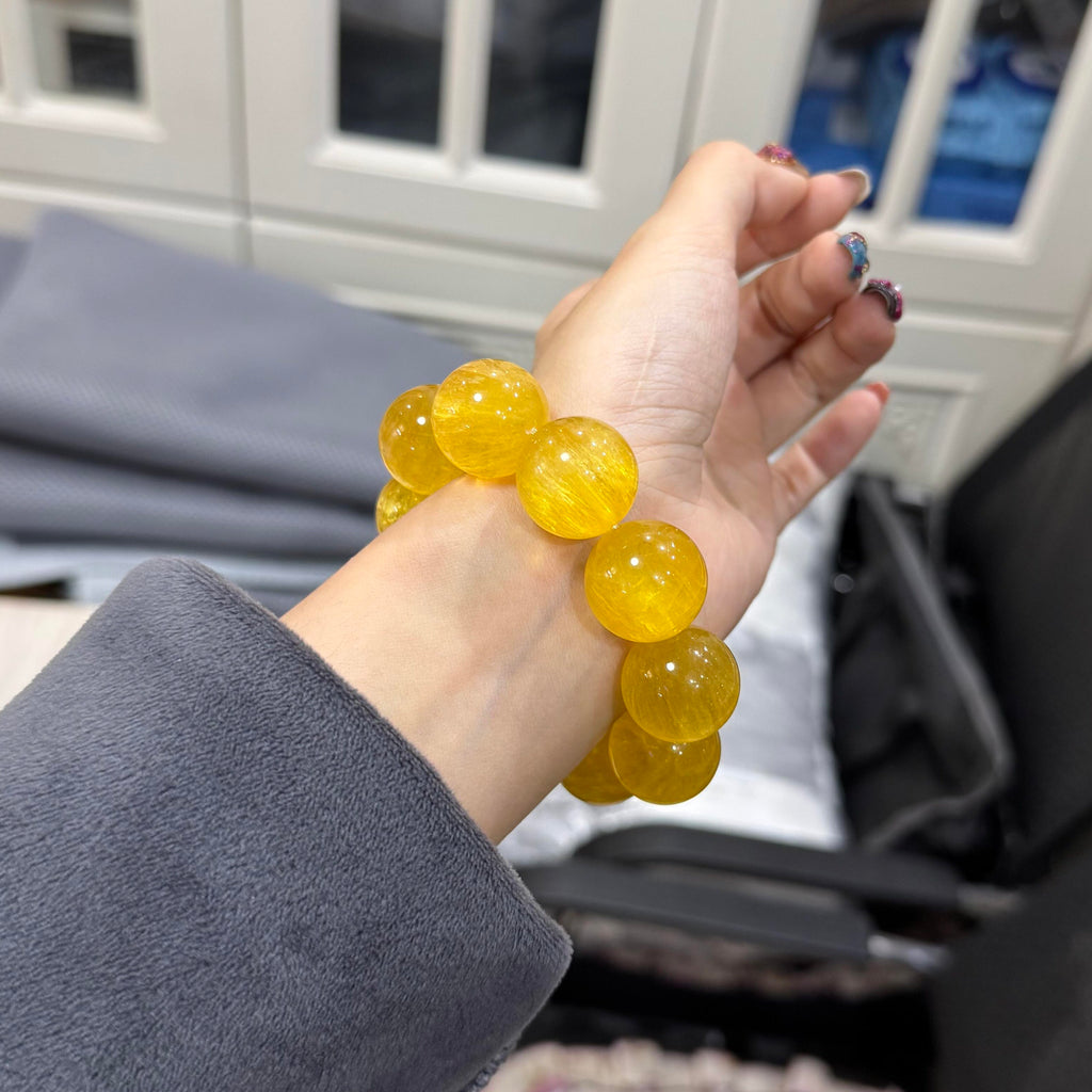 Large Bead Natural Yellow Fluorite Crystal Bracelet, Original Versatile Single Strand, Yellow Rubber Flower Fortune-Turning Beads for Women