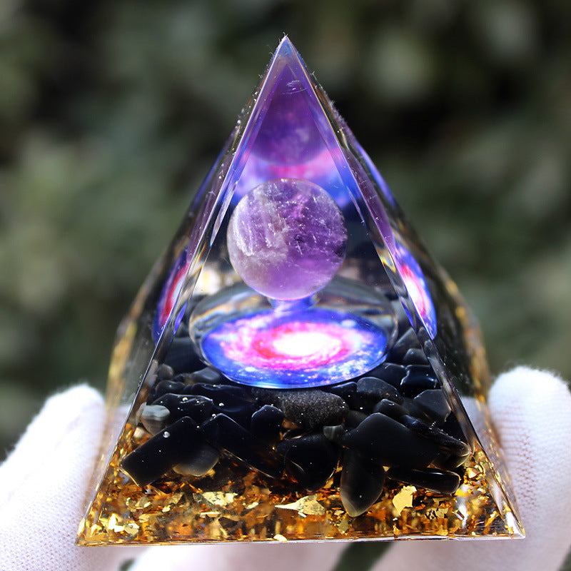 Resin Ornament with Amethyst Sphere & Crystal Chips Pyramid, Handmade Craft for Home Office Desktop Decor