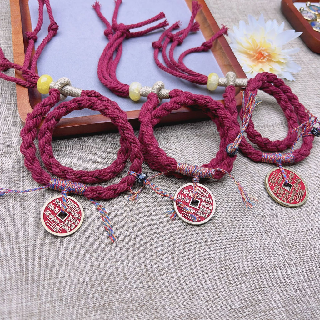 New Chinese Style Cinnabar Mountain Ghost Coin Double Wrap Bracelet Semi-Finished Handmade Rope
