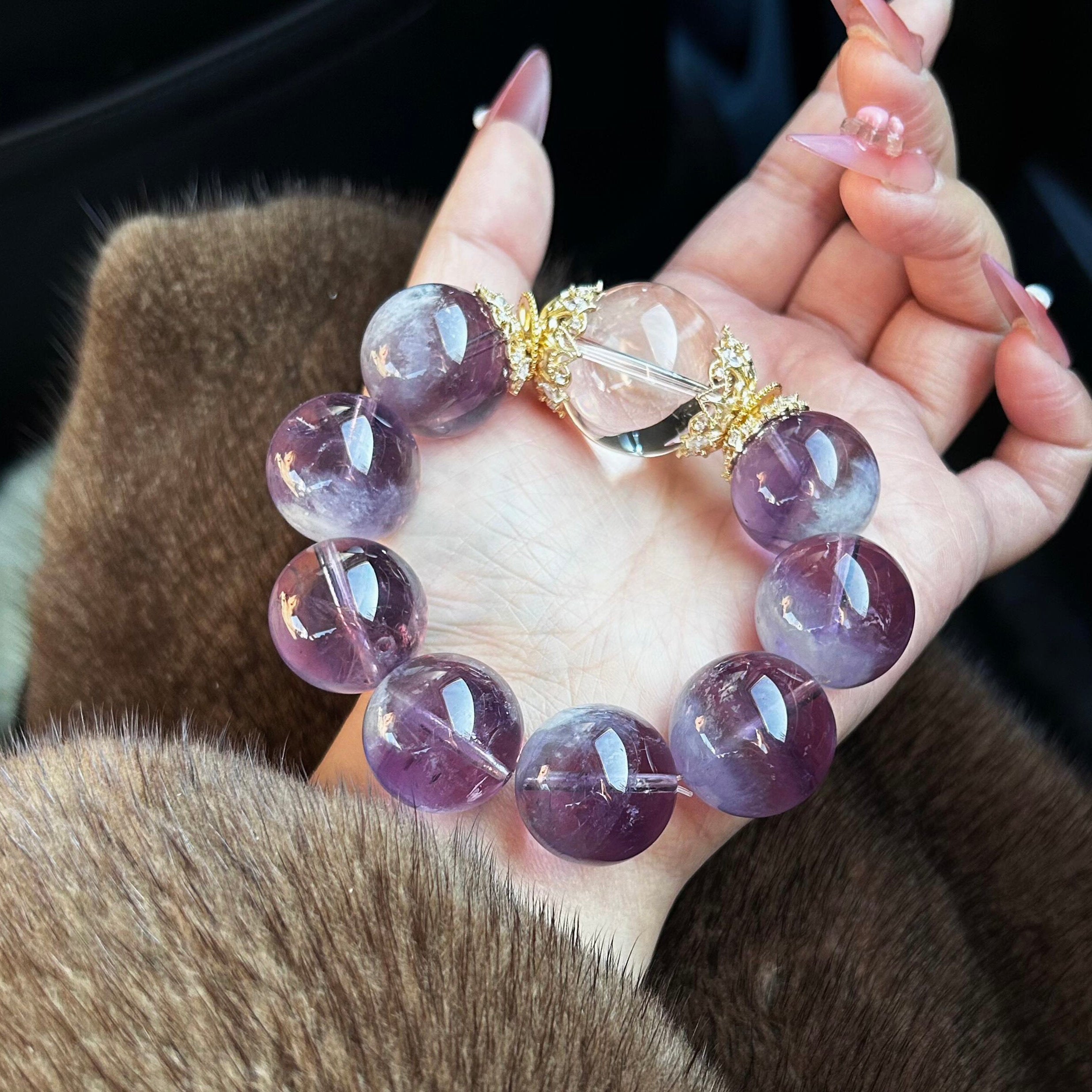 Natural Extra Large Dominant Purple Rabbit Hair Crystal Bracelet for Women, Original Design Nine Purple Li Fire Raw Stone Fortune-Turning Bracelet