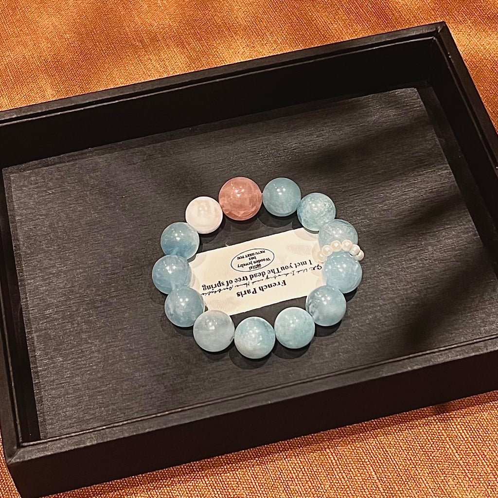 Natural Aquamarine & Rose Quartz Bracelet for Women, Single Strand Fashion Versatile Jewelry Gift