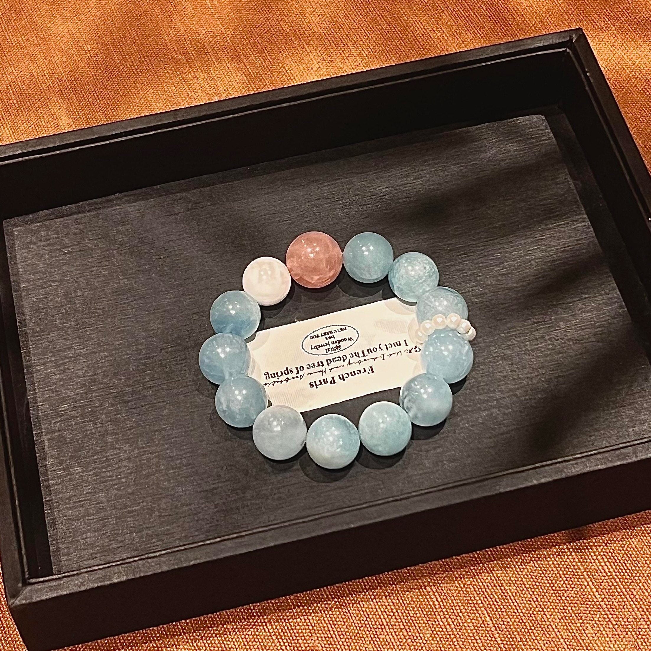 Natural Aquamarine & Rose Quartz Bracelet for Women, Single Strand Fashion Versatile Jewelry Gift