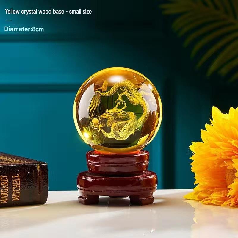 Yellow Crystal Ball with Carved Dragon, Glass Liuli Fortune Sphere, Decorative Ornament for Living Room, Lucky Gift for Housewarming & Good Luck