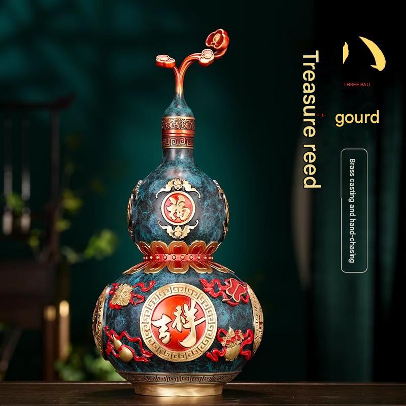 Eight Treasures Gourd Copper Ornament, Handcrafted Hollow Openable Brass Gourd Pendant, Chinese Style Home & Office Decor