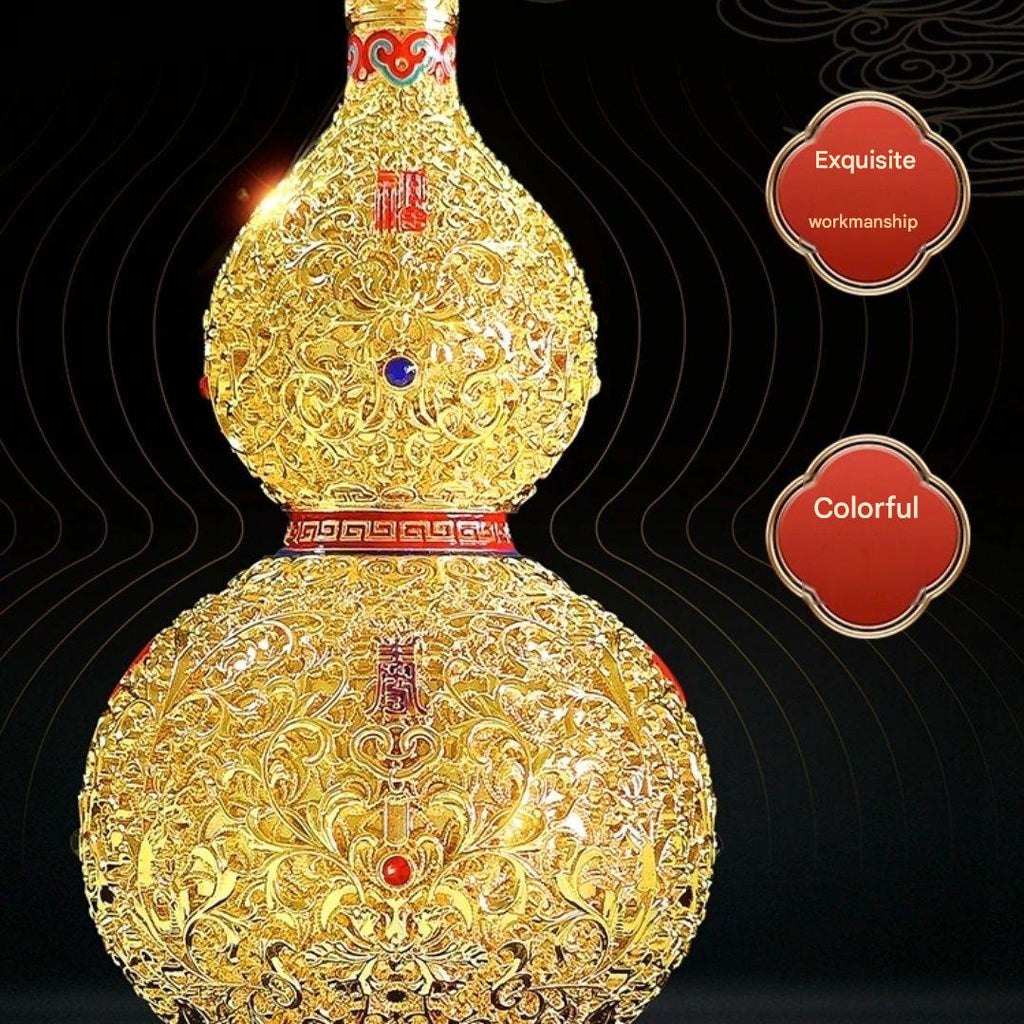 Gold Plated Filigree Gourd Ornament with Base, Blessing & Longevity Chinese Craft Statue, Premium Decor & Gift