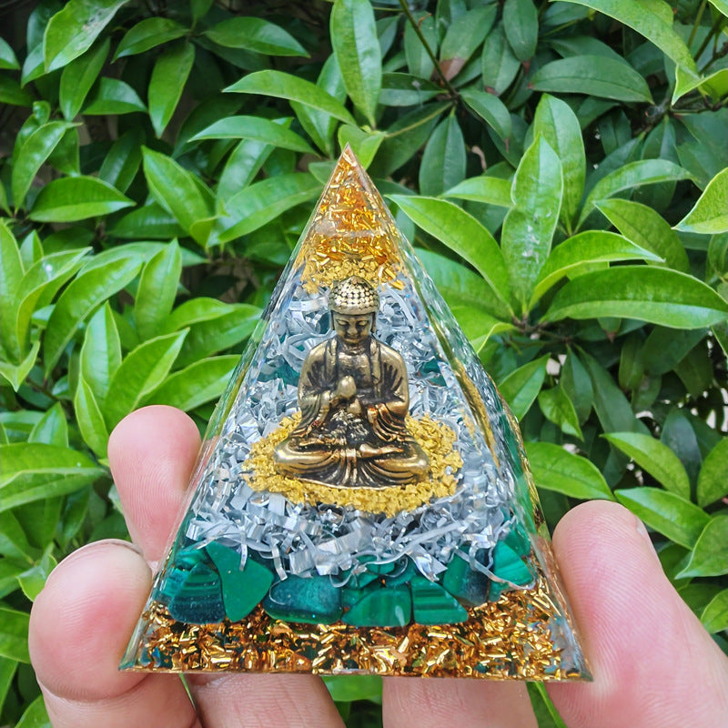 Handmade Buddha Statue Resin Pyramid, Natural Crystal Chips Epoxy Ornament, Home Desktop Spiritual Decor Gift
