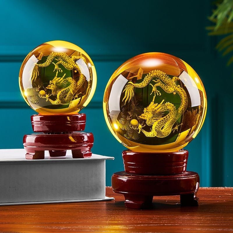 Yellow Crystal Ball with Carved Dragon, Glass Liuli Fortune Sphere, Decorative Ornament for Living Room, Lucky Gift for Housewarming & Good Luck
