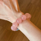 Natural Mozambique Rose Quartz Large Bead Bracelet for Women, Original Design Chinese Style Grapefruit Pink & Aquamarine Beaded Bracelet