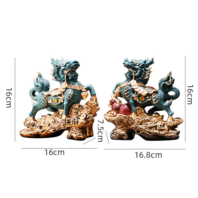A Pair of Fire Qilin Ornaments, Resin Auspicious Beast Statue, Home Office Entrance Wine Cabinet Decor, Housewarming Business Opening Gift