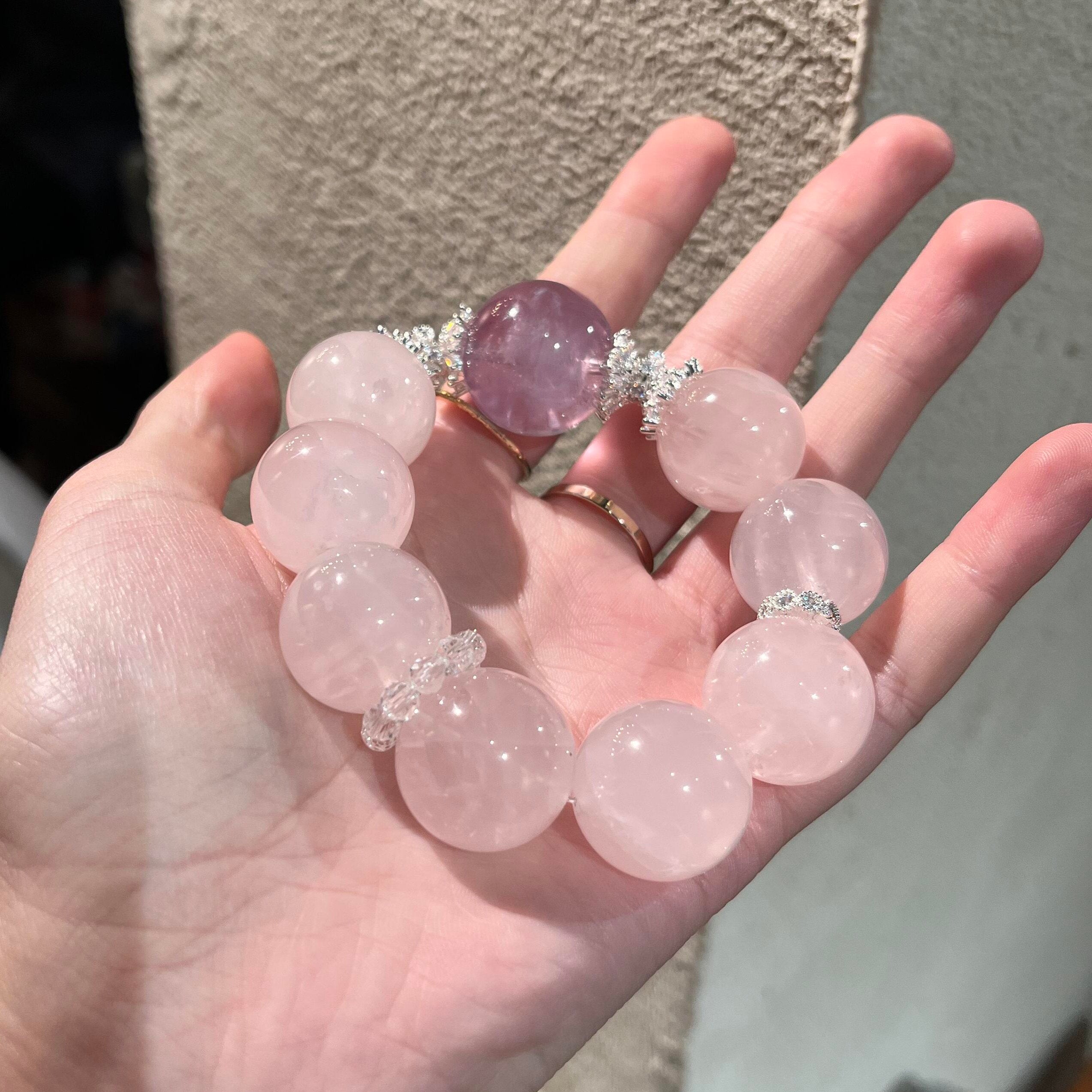 Natural Old Mine Rose Quartz & Amethyst Bracelet for Women, Original Design Large Bead Whitening Crystal Jewelry