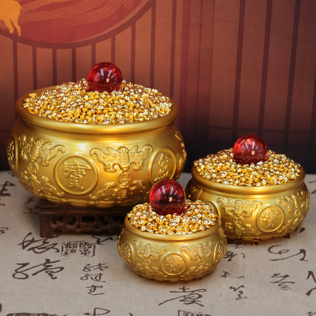 Brass Double Fish Treasure Basin Ornament, Eight Blessings Feng Shui Wealth Bowl with Gold Ingots, Entryway & Reception Desk Prosperity Decoration, Lucky Home Business Craft Gift