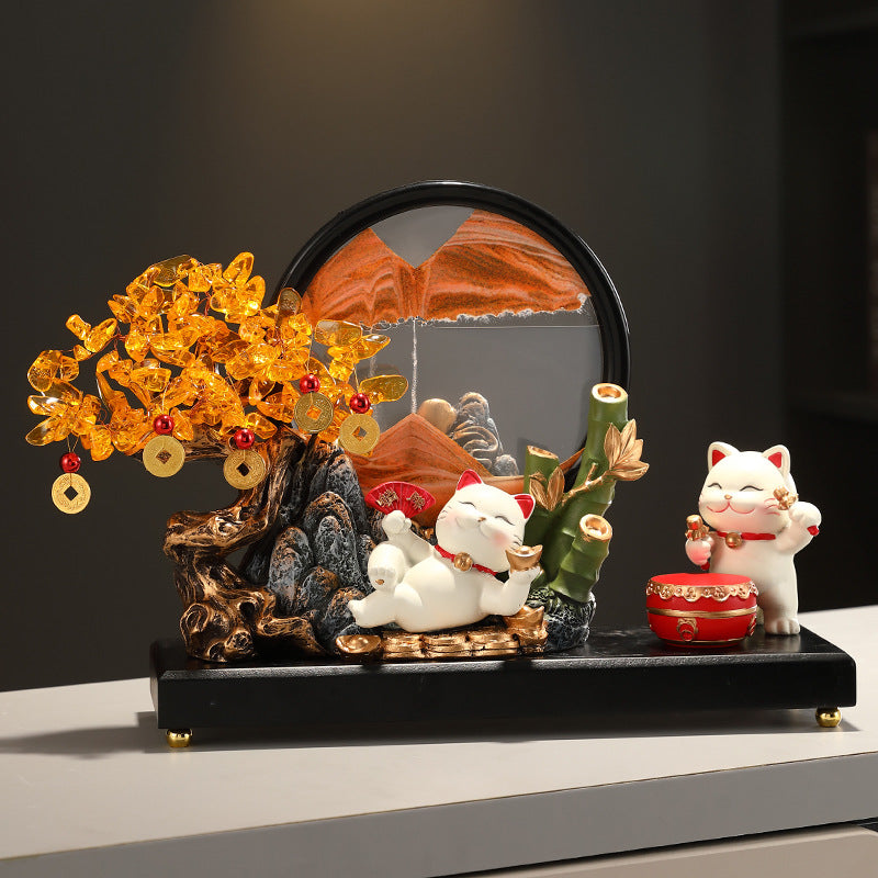 Crystal Money Tree with Quicksand Painting Lucky Cat Figurine, Feng Shui Wealth Ornament for Living Room, Hallway, Front Desk, Office & Shop, Ideal Housewarming & Grand Opening Gift