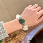 Natural Large Bead White Phantom Quartz Single Strand Bracelet for Women, Bold Chinese Style Green Strawberry Quartz Original Design