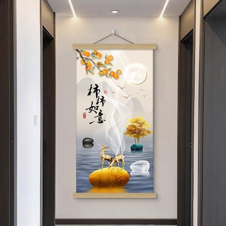 New Chinese Style Scroll Wall Hanging, Auspicious Entryway Tapestry Decor, Warm Home Corridor Wall Art for Front Door