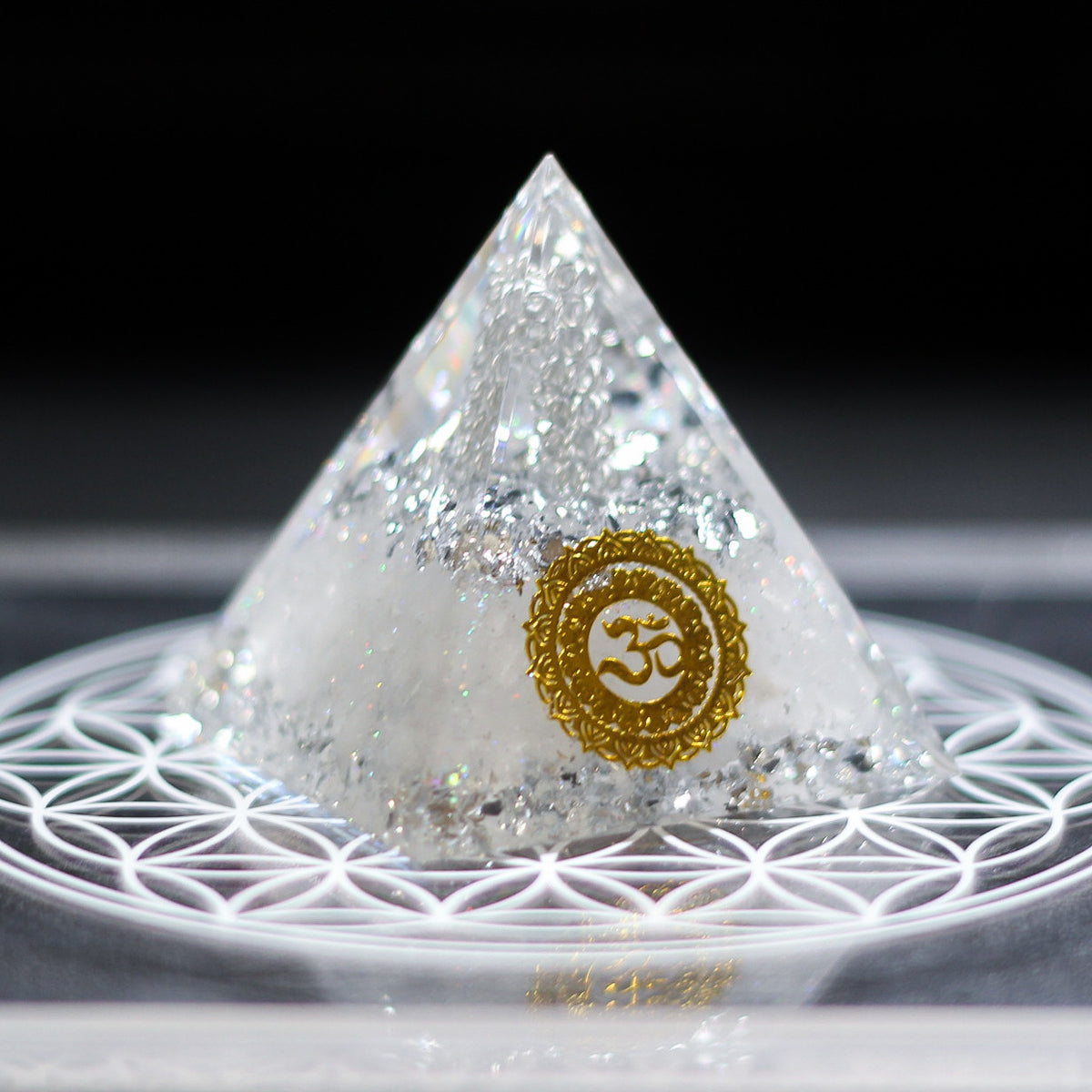 Handmade Resin Pyramid with Clear Quartz Sphere & Crystal Chips, Tabletop Home Decor Ornament