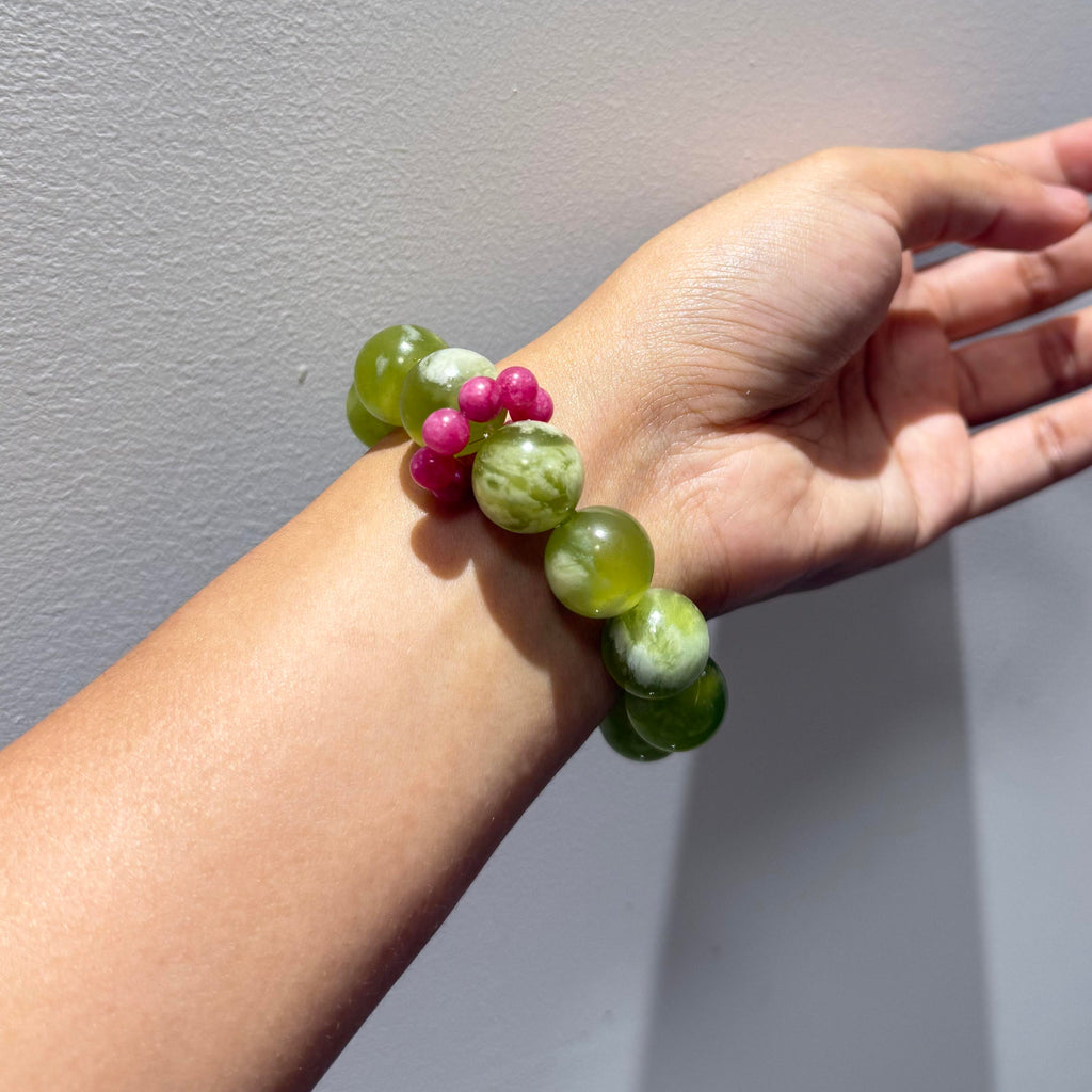 Natural Serpentine Grape Milk Cap Crystal Bracelet for Women, Single Strand Wenwan Jewelry with Rhodonite Running Ring