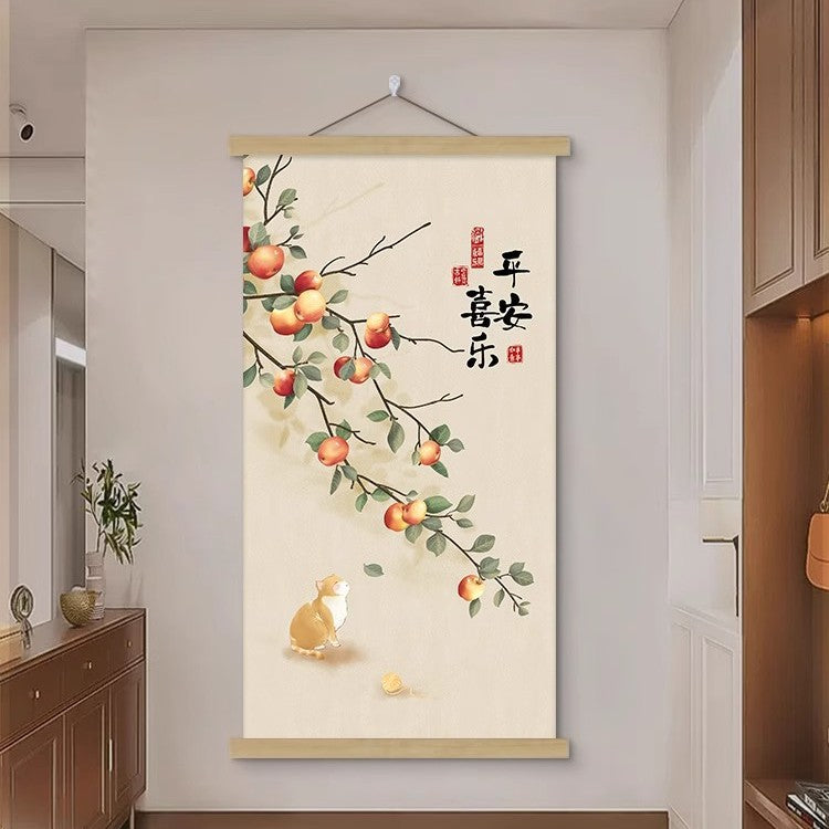 New Chinese Style Scroll Wall Hanging, Auspicious Entryway Tapestry Decor, Warm Home Corridor Wall Art for Front Door