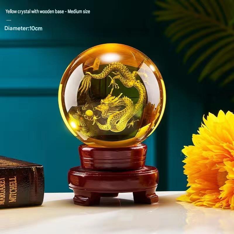 Yellow Crystal Ball with Carved Dragon, Glass Liuli Fortune Sphere, Decorative Ornament for Living Room, Lucky Gift for Housewarming & Good Luck