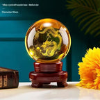 Yellow Crystal Ball with Carved Dragon, Glass Liuli Fortune Sphere, Decorative Ornament for Living Room, Lucky Gift for Housewarming & Good Luck