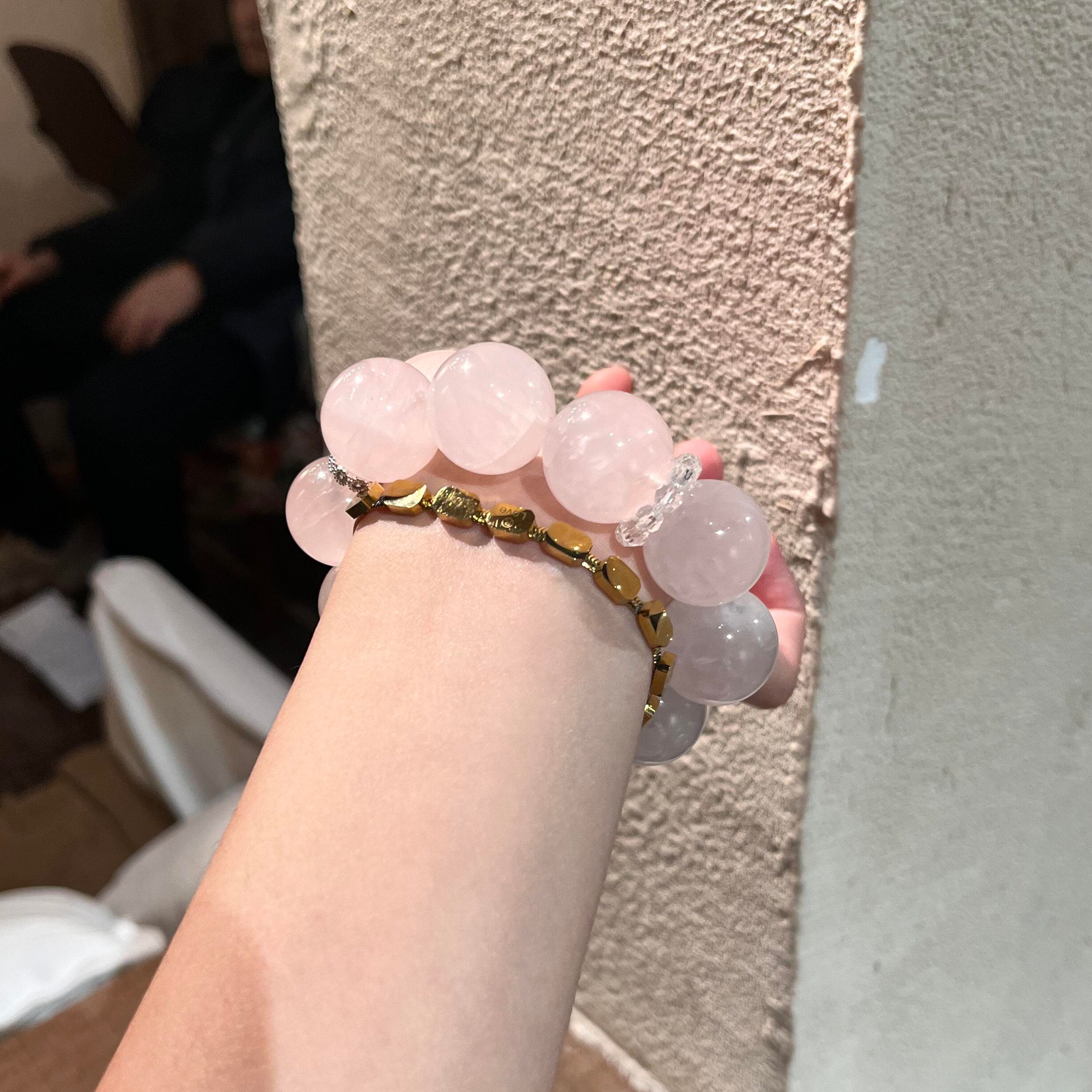 Natural Old Mine Rose Quartz & Amethyst Bracelet for Women, Original Design Large Bead Whitening Crystal Jewelry