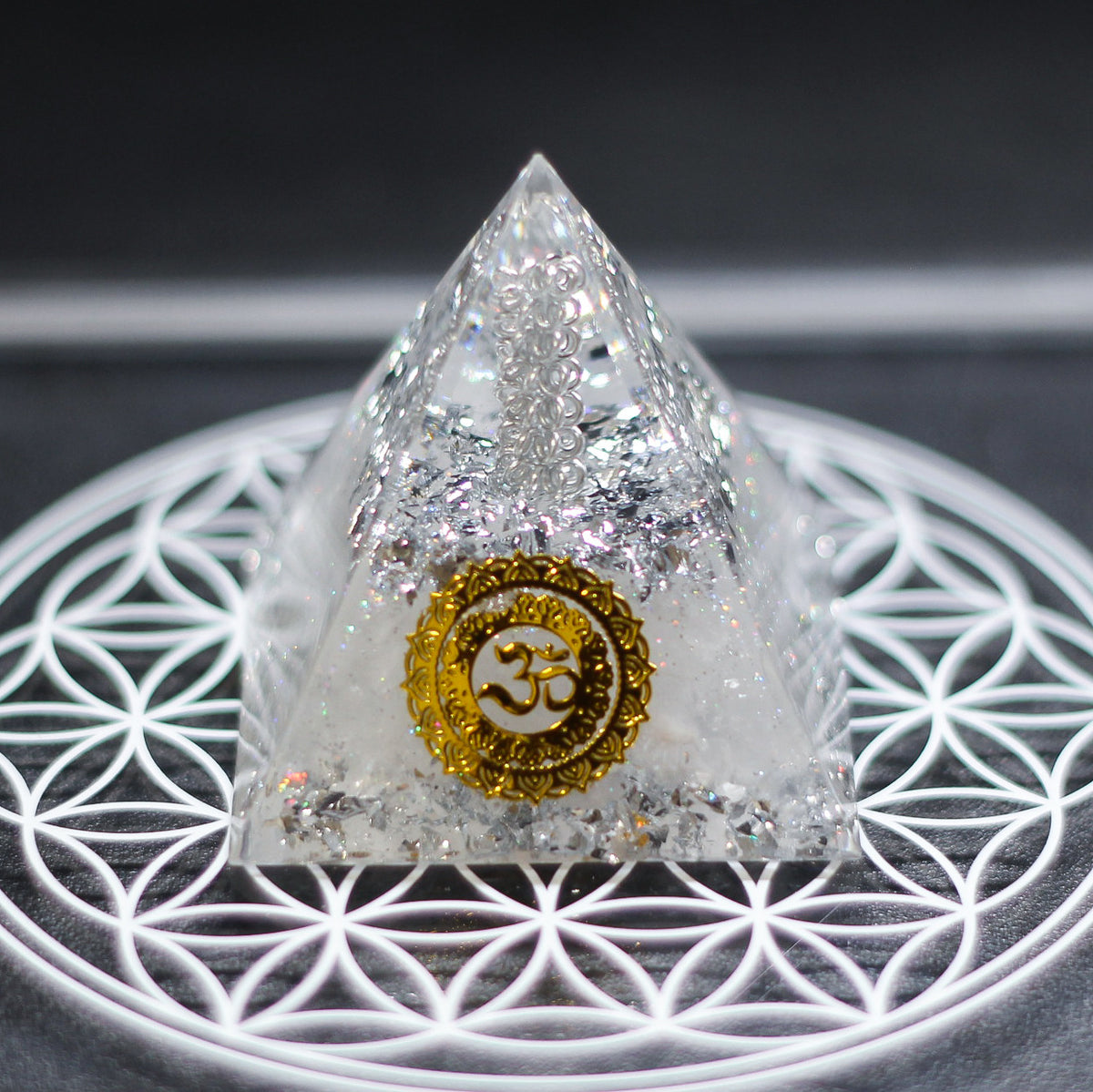 Handmade Resin Pyramid with Clear Quartz Sphere & Crystal Chips, Tabletop Home Decor Ornament