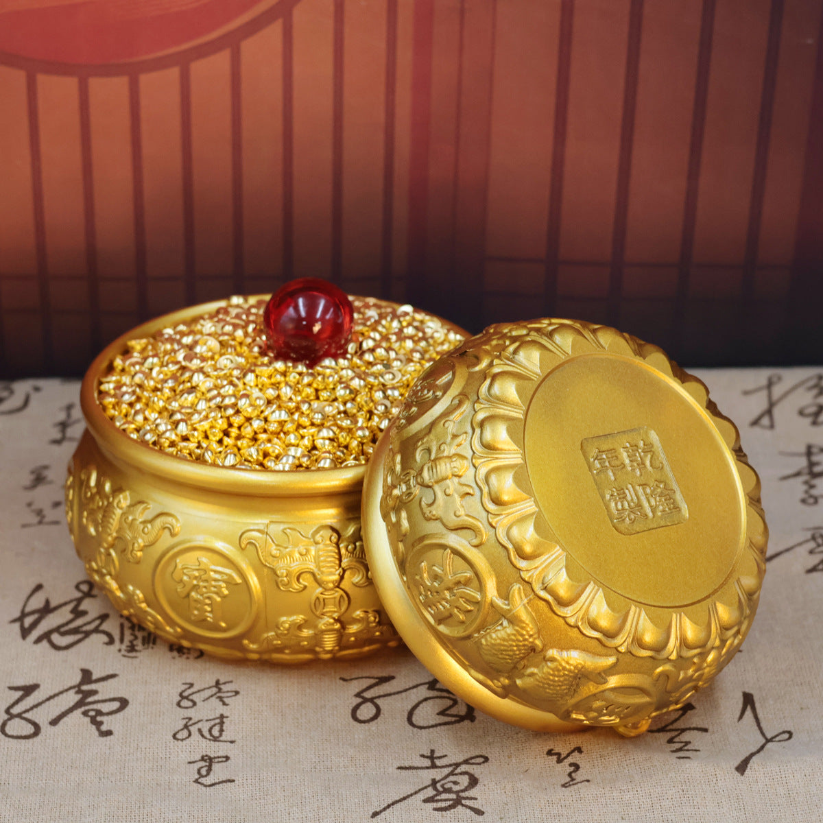 Brass Double Fish Treasure Basin Ornament, Eight Blessings Feng Shui Wealth Bowl with Gold Ingots, Entryway & Reception Desk Prosperity Decoration, Lucky Home Business Craft Gift
