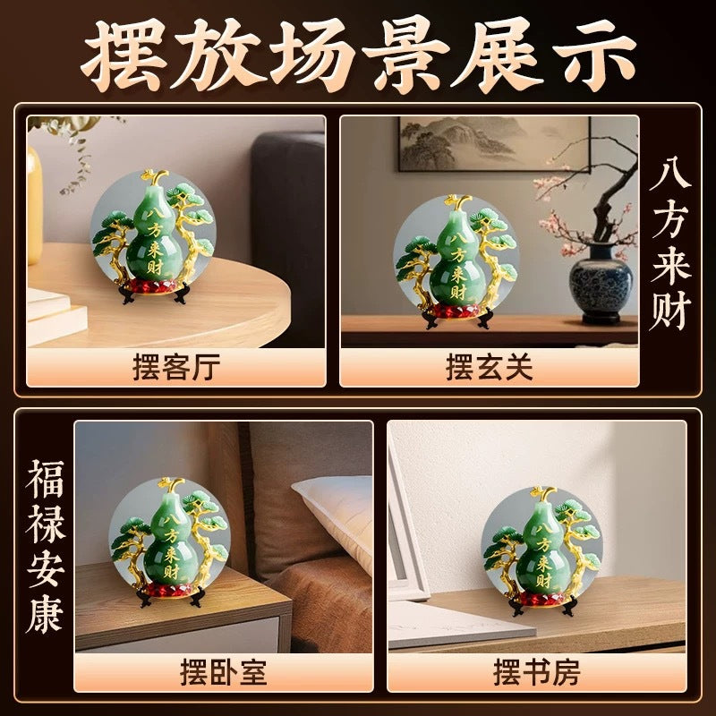 Jade Gourd Ornament, Wealth Attracting Feng Shui Decor, Eight Directions Fortune Tabletop Stand, Lucky Home Decor for Entryway, Living Room & Desk
