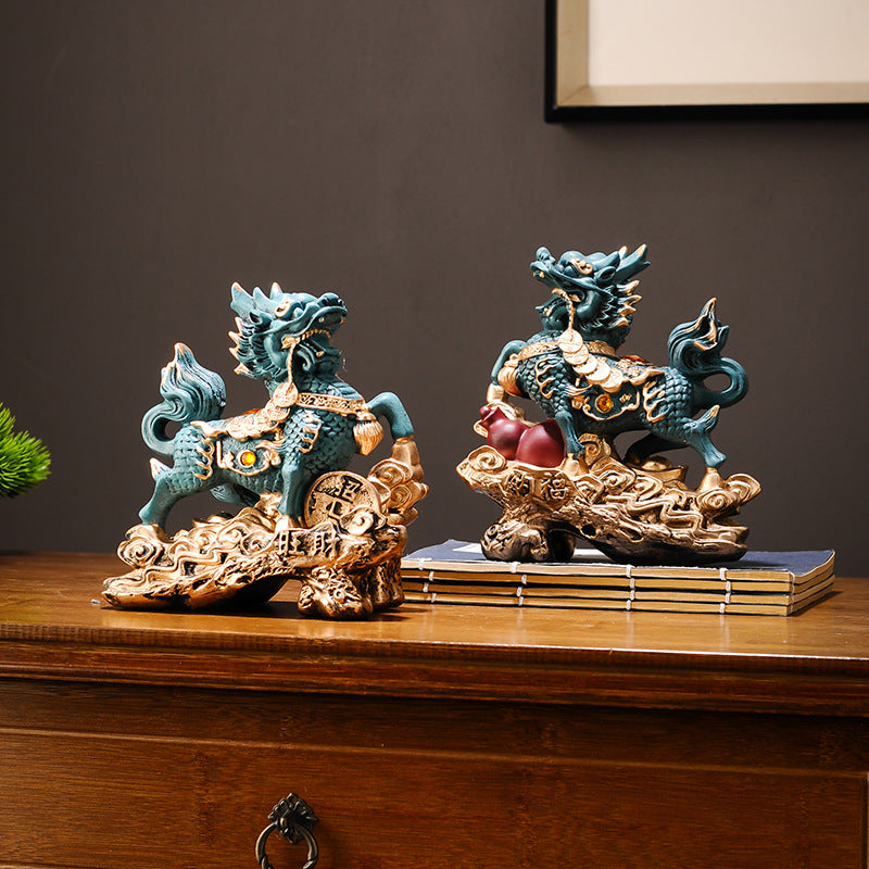 A Pair of Fire Qilin Ornaments, Resin Auspicious Beast Statue, Home Office Entrance Wine Cabinet Decor, Housewarming Business Opening Gift