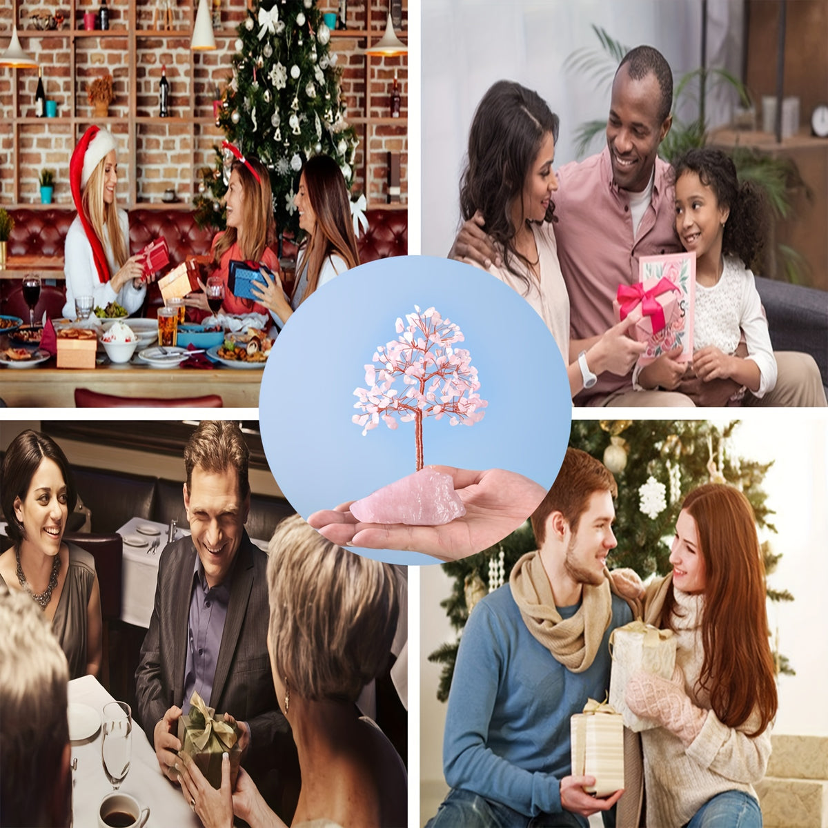 Rose Quartz Crystal Tree of Life - Chakra Tree, Feng Shui Decor - Handmade Gemstone Christmas Tree, Good Luck Money Tree Bonsai, Home Desktop Decoration Simulation Tree, Pink Crystal, Spiritual Gift