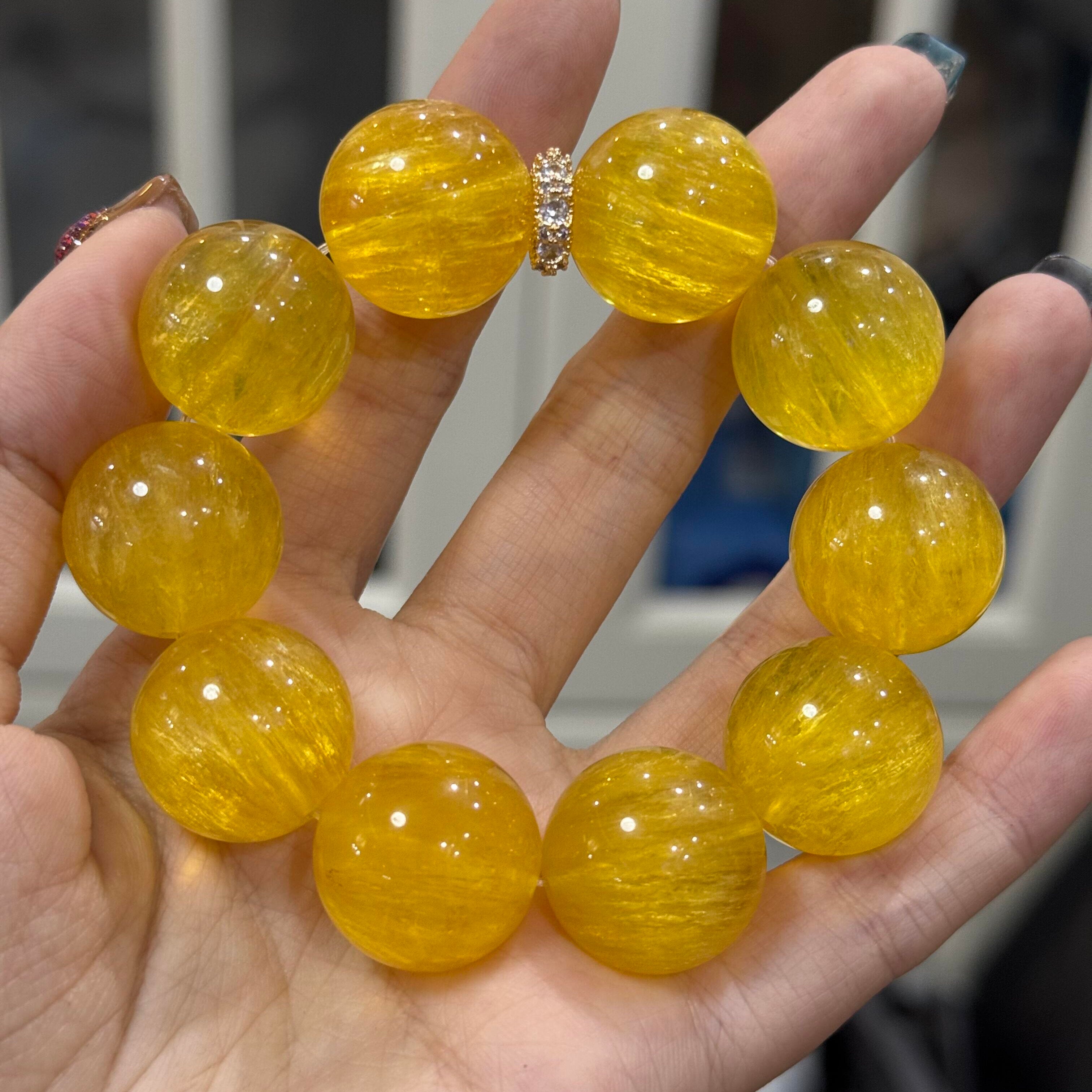 Large Bead Natural Yellow Fluorite Crystal Bracelet, Original Versatile Single Strand, Yellow Rubber Flower Fortune-Turning Beads for Women