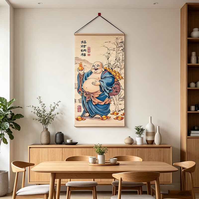 Chinese Style Maitreya Buddha Painting, New Chinese Wall Art, Blessing Wall Hanging for Entryway, Tea Room & Dining Room Decor