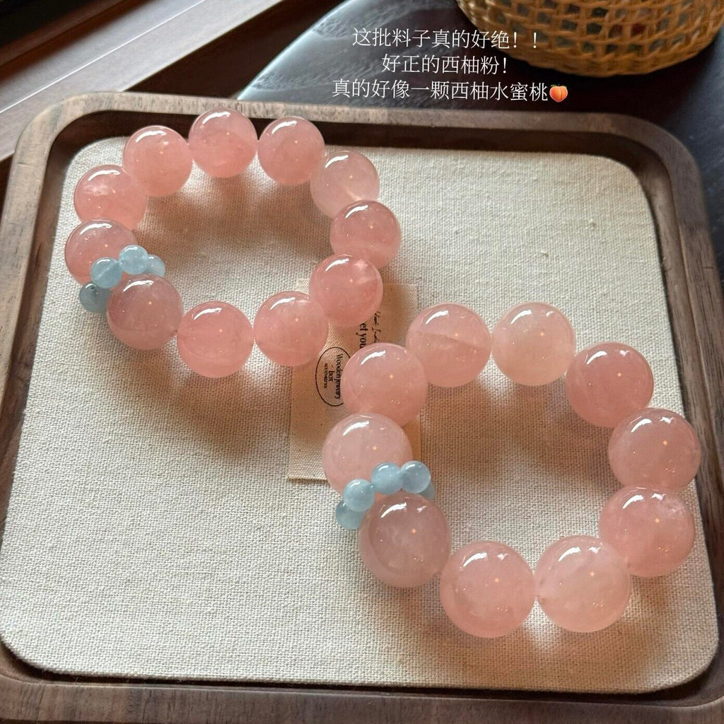 Natural Mozambique Rose Quartz Large Bead Bracelet for Women, Original Design Chinese Style Grapefruit Pink & Aquamarine Beaded Bracelet