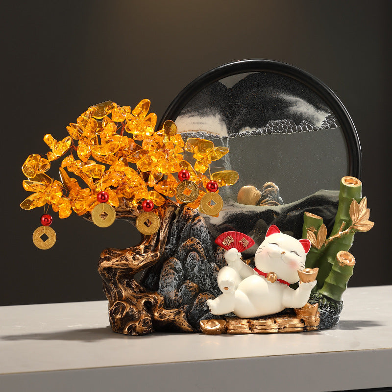Crystal Money Tree with Quicksand Painting Lucky Cat Figurine, Feng Shui Wealth Ornament for Living Room, Hallway, Front Desk, Office & Shop, Ideal Housewarming & Grand Opening Gift
